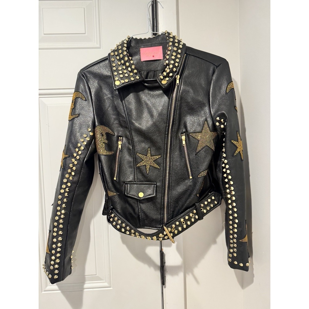 Azalea Wang Women's Black Studded Celestial Moto Jacket M Cropped Moon Stars M - Picture 1 of 15